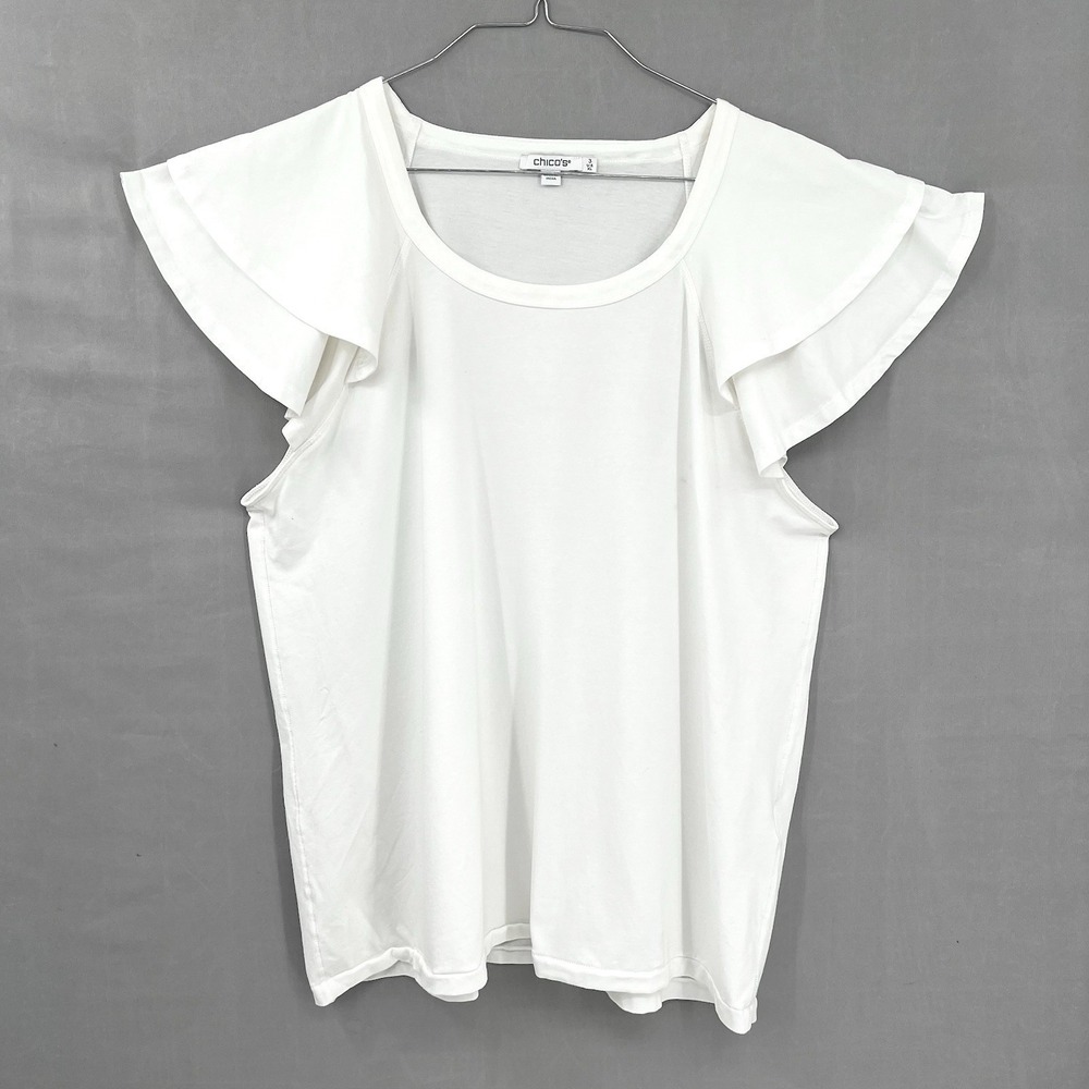 Chico's Flutter Sleeve Top Double Layered Sleeve White Tee‎ White Women's Size 3